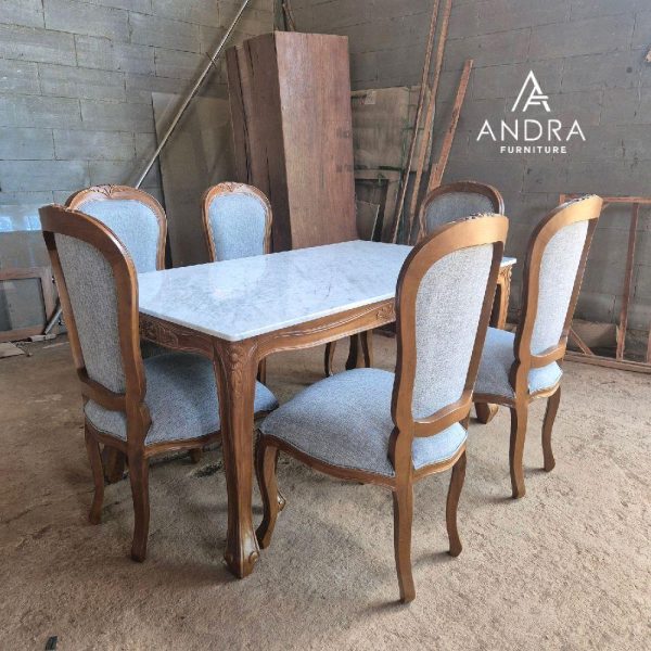 SET MEJA MAKAN JATI UKIR 6 KURSI TOP MARMER CARRARA IMPORT