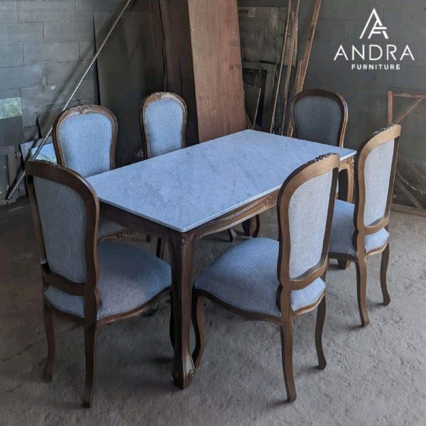SET MEJA MAKAN JATI UKIR 6 KURSI TOP MARMER CARRARA IMPORT