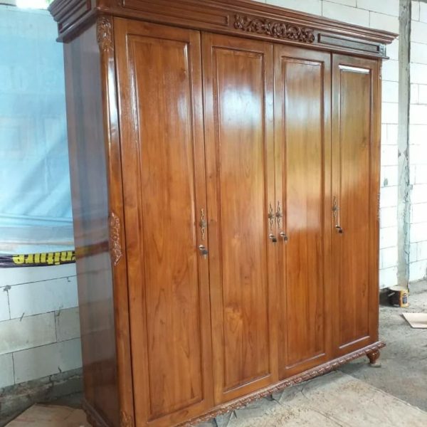 Almari pakaian 4 pintu kayu jati, lemari besar bahan full kayu jati