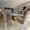 Meja Makan 8 Kursi Stainless Gold Top Marmer Carara