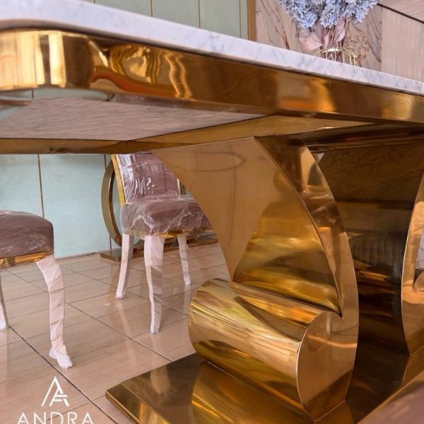 Meja Makan 8 Kursi Stainless Gold Top Marmer Carara