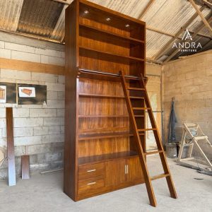 Rak buku minimalis tingkat kayu jati plus tangga dua laci dua pintu banyak rak penyimpanan