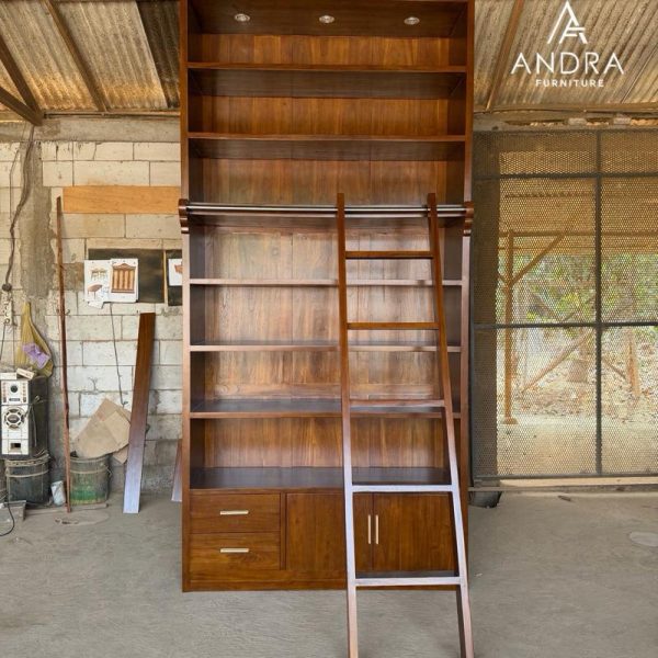 Rak buku minimalis tingkat kayu jati plus tangga dua laci dua pintu banyak rak penyimpanan