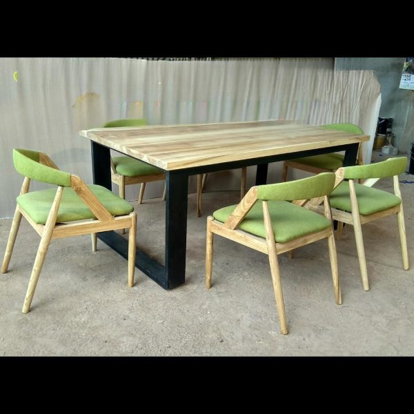 meja makan cafe minimalis kaki besi 6 kursi bahan kayu jati teak wood