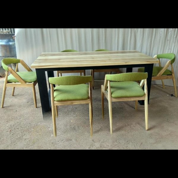 meja makan cafe minimalis kaki besi 6 kursi bahan kayu jati teak wood