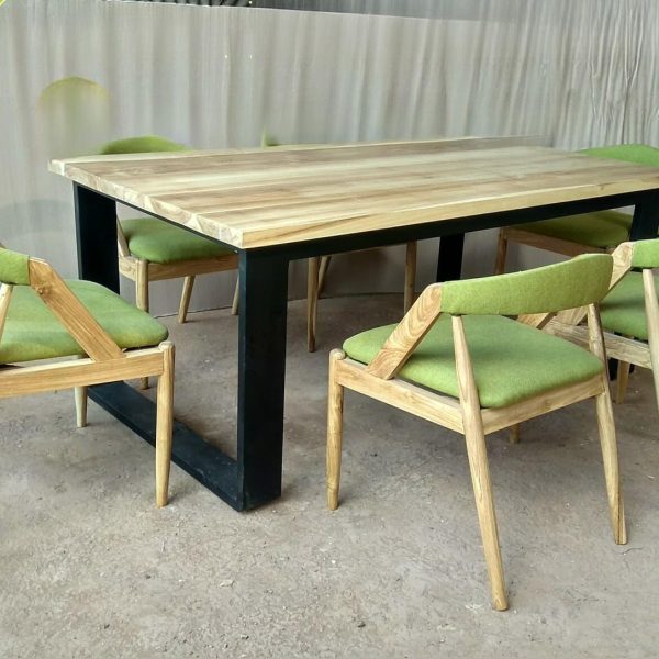 meja makan cafe minimalis kaki besi 6 kursi bahan kayu jati teak wood