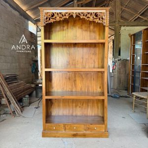 Almari Penyimpanan Baju Batik Ukir Kayu Jati 3 Laci Lemari Etalase Butik