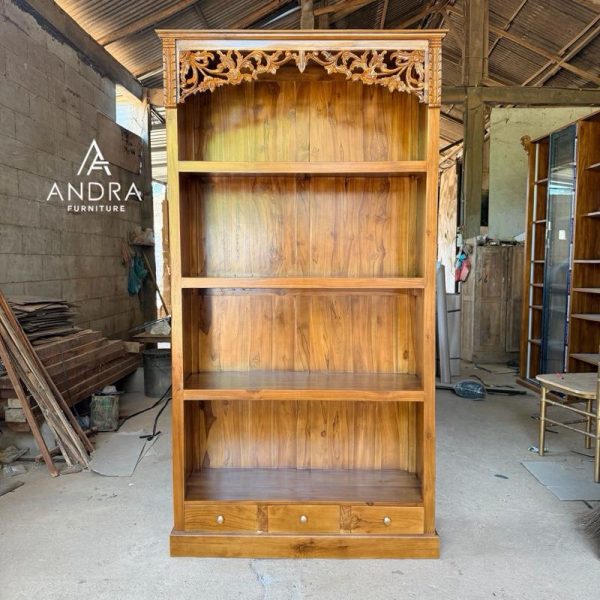 Almari Penyimpanan Baju Batik Ukir Kayu Jati 3 Laci Lemari Etalase Butik