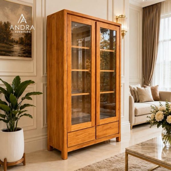 Almari buku kaca 2 pintu minimalis 2 laci kayu jati.