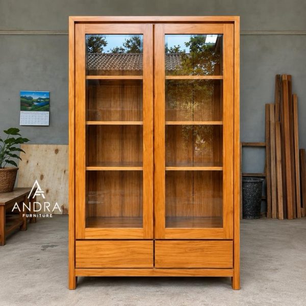 Almari buku kaca 2 pintu minimalis 2 laci kayu jati.