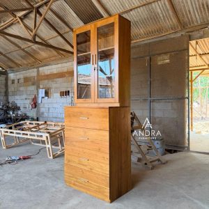 Rak buku lemari buku Kaca Plus Laci Minimalis Modern  Full Kayu Jati