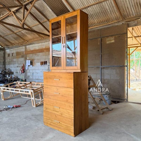 Rak buku lemari buku Kaca Plus Laci Minimalis Modern  Full Kayu Jati