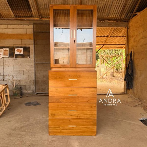 Rak buku lemari buku Kaca Plus Laci Minimalis Modern  Full Kayu Jati