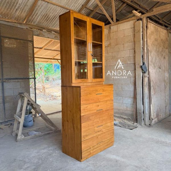 Rak buku lemari buku Kaca Plus Laci Minimalis Modern  Full Kayu Jati