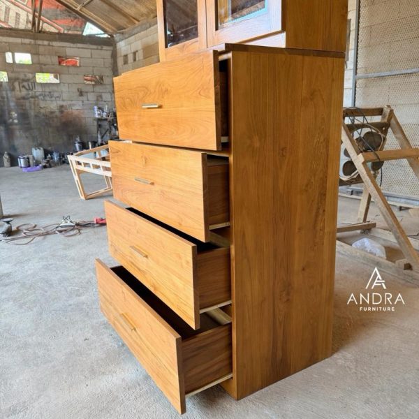 Rak buku lemari buku Kaca Plus Laci Minimalis Modern  Full Kayu Jati