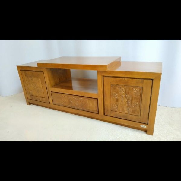 buffet tv minimalis kayu model bunga tulip kayu jati