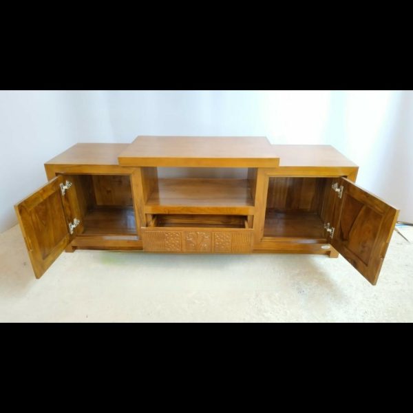 buffet tv minimalis kayu model bunga tulip kayu jati