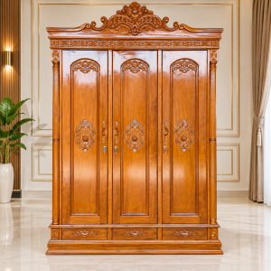 Almari pakaian 3 pintu ukir raja kayu jati
